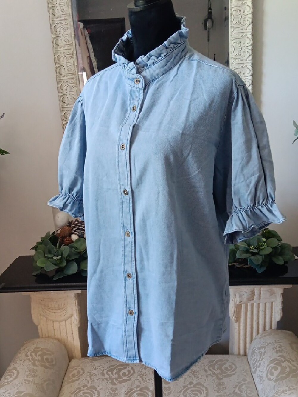 Light Blue Ruffle Collar Button-Up Shirt - Picture 2 of 9
